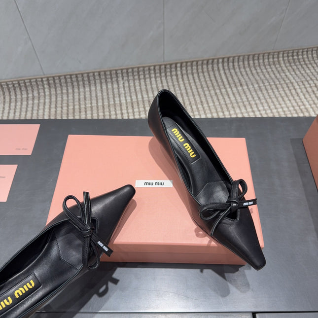 MIUMIU 26S POINTED TOE PUMPS 55MM IN BLACK CALFSKIN WITH BOW