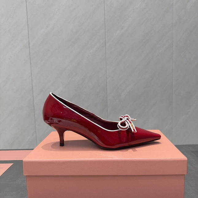 MIUMIU 26S POINTED TOE PUMPS 55MM IN DARK RED CALFSKIN WITH BOW