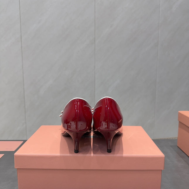 MIUMIU 26S POINTED TOE PUMPS 55MM IN DARK RED CALFSKIN WITH BOW