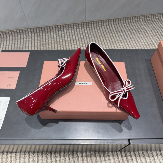 MIUMIU 26S POINTED TOE PUMPS 55MM IN DARK RED CALFSKIN WITH BOW
