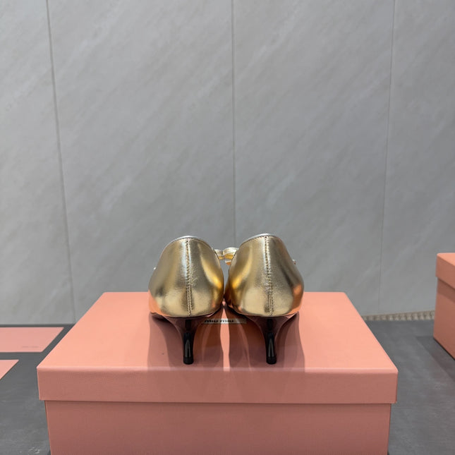 MIUMIU 26S POINTED TOE PUMPS 55MM IN GOLD CALFSKIN WITH BOW