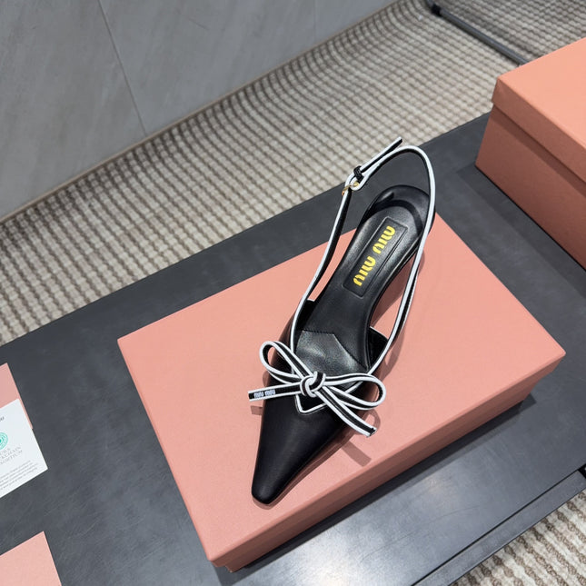 MIUMIU 26S SLINGBACK 55MM IN BLACK AND WHITE CALFSKIN WITH BOW