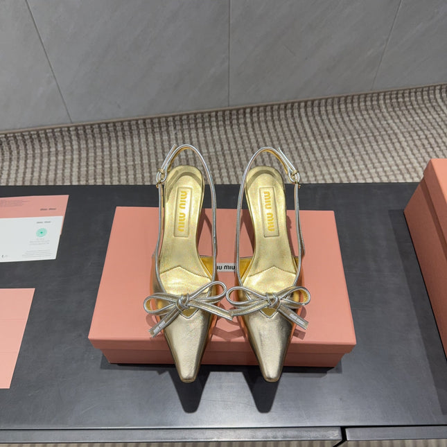 MIUMIU 26S SLINGBACK 55MM IN GOLD CALFSKIN WITH BOW