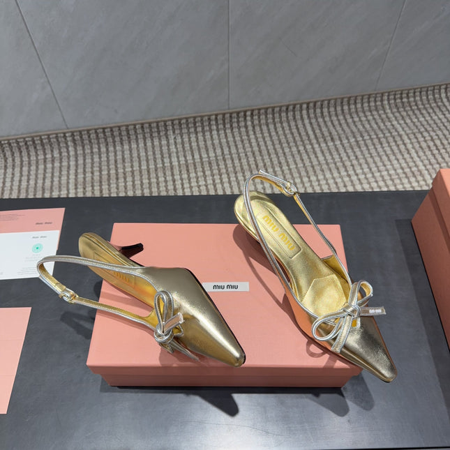 MIUMIU 26S SLINGBACK 55MM IN GOLD CALFSKIN WITH BOW