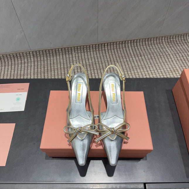 MIUMIU 26S SLINGBACK 55MM IN SILVER CALFSKIN WITH BOW