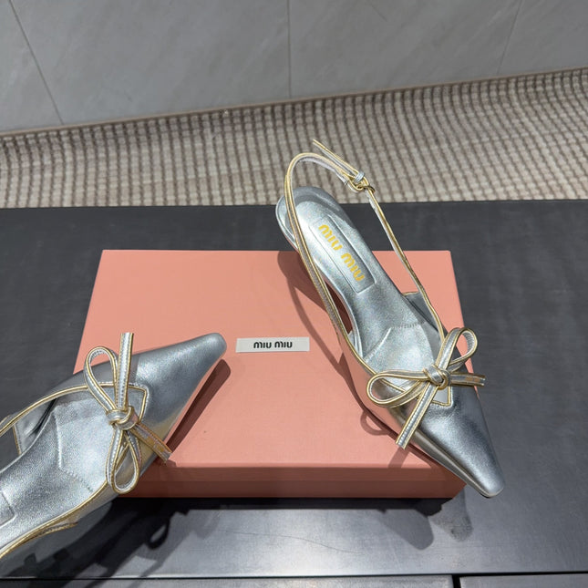 MIUMIU 26S SLINGBACK 55MM IN SILVER CALFSKIN WITH BOW