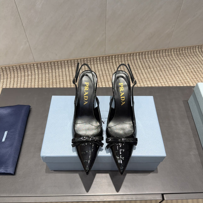 PRADA 26S POINTED TOE SLINGBACK HIGH HEELS 85MM IN BLACK CALFSKIN WITH BOW