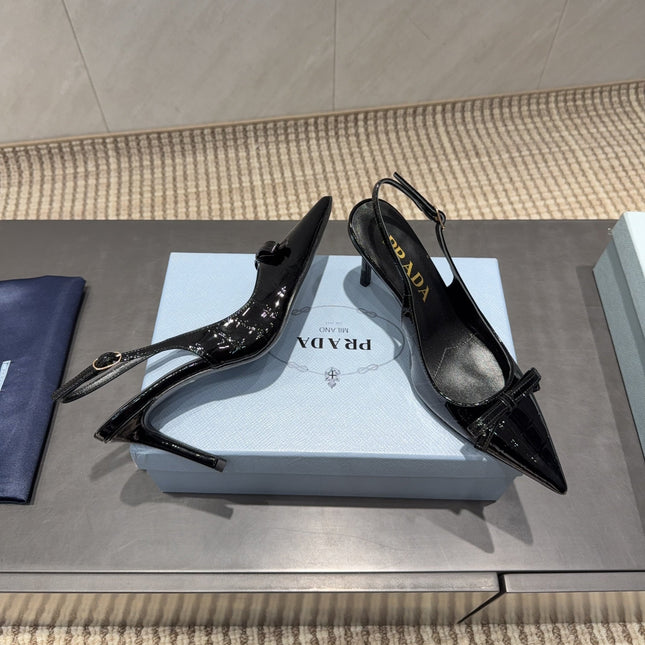 PRADA 26S POINTED TOE SLINGBACK HIGH HEELS 85MM IN BLACK CALFSKIN WITH BOW