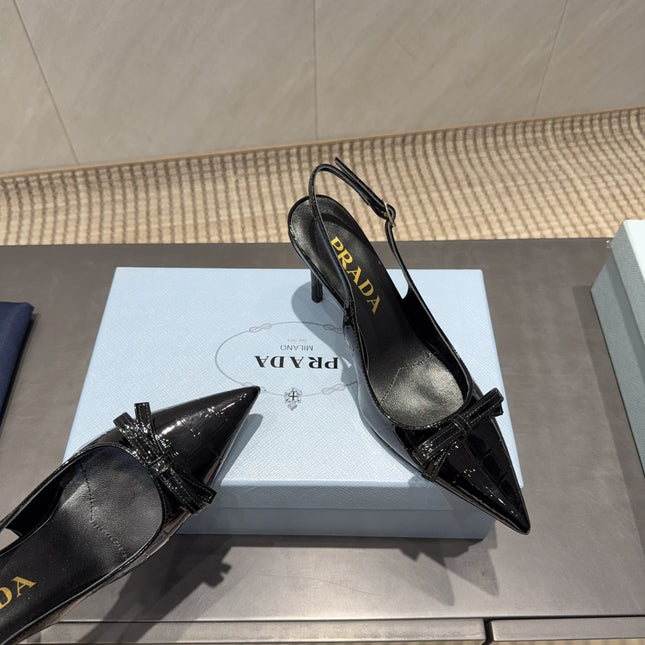 PRADA 26S POINTED TOE SLINGBACK HIGH HEELS 85MM IN BLACK CALFSKIN WITH BOW