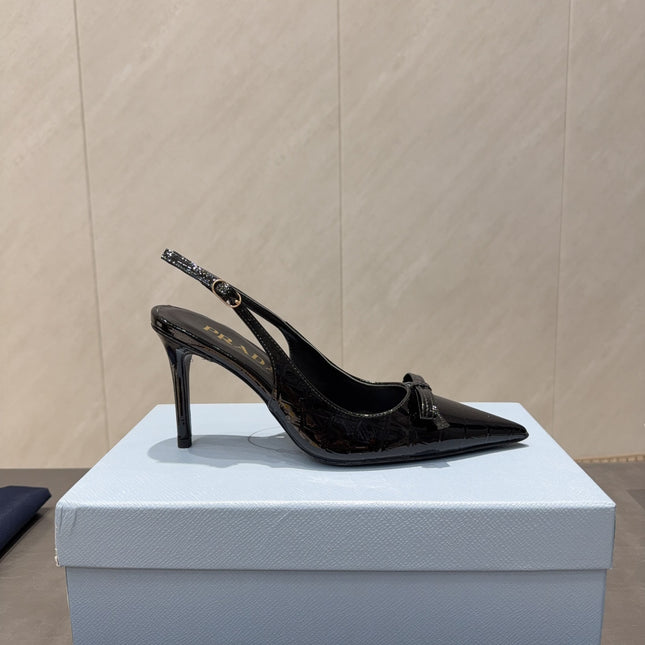 PRADA 26S POINTED TOE SLINGBACK HIGH HEELS 85MM IN BLACK CALFSKIN WITH BOW