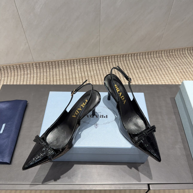 PRADA 26S POINTED TOE SLINGBACK HIGH HEELS 85MM IN BLACK CALFSKIN WITH BOW
