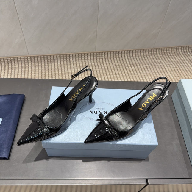 PRADA 26S POINTED TOE SLINGBACK HIGH HEELS 85MM IN BLACK CALFSKIN WITH BOW