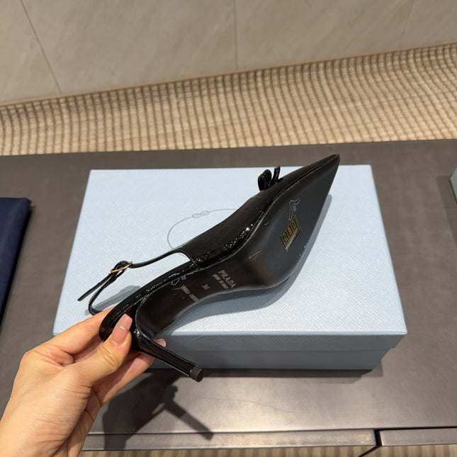 PRADA 26S POINTED TOE SLINGBACK HIGH HEELS 85MM IN BLACK CALFSKIN WITH BOW