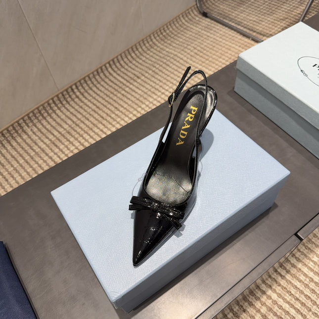 PRADA 26S POINTED TOE SLINGBACK HIGH HEELS 85MM IN BLACK CALFSKIN WITH BOW