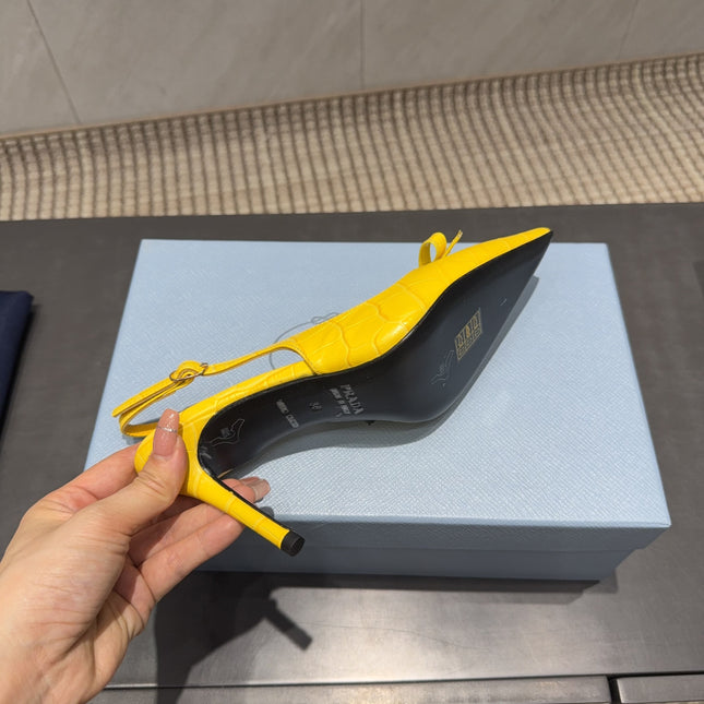 PRADA 26S POINTED TOE SLINGBACK HIGH HEELS 85MM IN BRIGHT YELLOW CALFSKIN WITH BOW