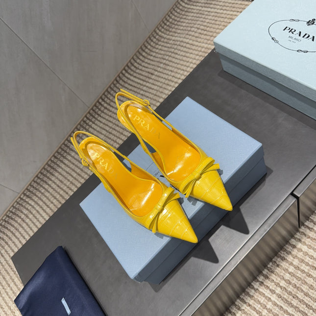 PRADA 26S POINTED TOE SLINGBACK HIGH HEELS 85MM IN BRIGHT YELLOW CALFSKIN WITH BOW