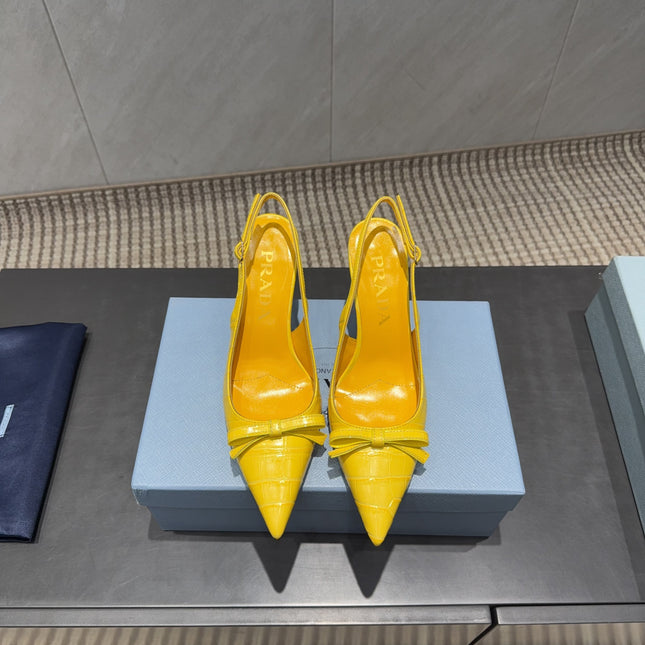 PRADA 26S POINTED TOE SLINGBACK HIGH HEELS 85MM IN BRIGHT YELLOW CALFSKIN WITH BOW