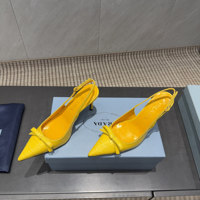 PRADA 26S POINTED TOE SLINGBACK HIGH HEELS 85MM IN BRIGHT YELLOW CALFSKIN WITH BOW