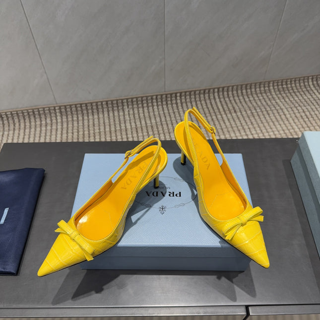 PRADA 26S POINTED TOE SLINGBACK HIGH HEELS 85MM IN BRIGHT YELLOW CALFSKIN WITH BOW