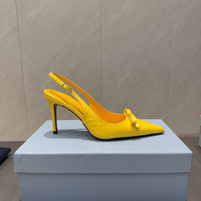 PRADA 26S POINTED TOE SLINGBACK HIGH HEELS 85MM IN BRIGHT YELLOW CALFSKIN WITH BOW