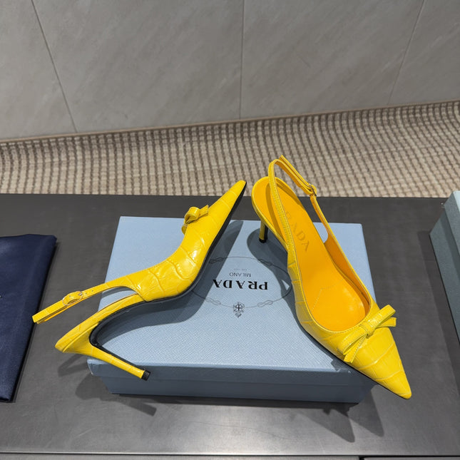 PRADA 26S POINTED TOE SLINGBACK HIGH HEELS 85MM IN BRIGHT YELLOW CALFSKIN WITH BOW