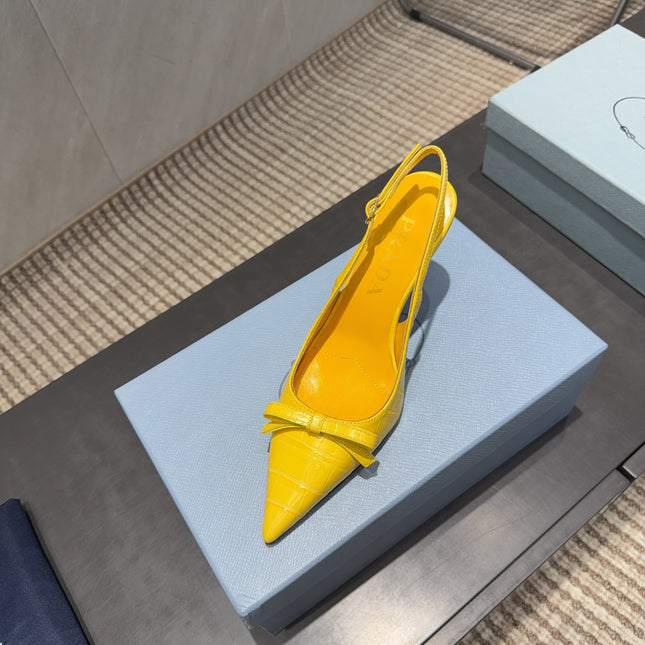 PRADA 26S POINTED TOE SLINGBACK HIGH HEELS 85MM IN BRIGHT YELLOW CALFSKIN WITH BOW