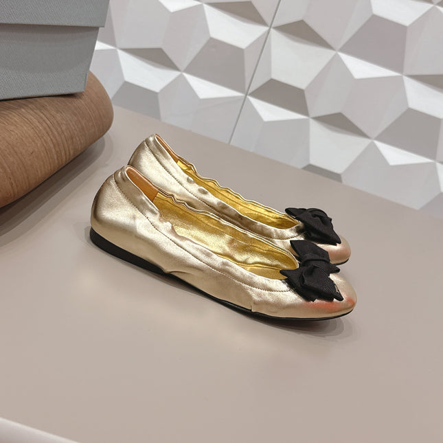PRADA 26S ROUND TOE FLATS WITH BOW IN GOLD CALFSKIN