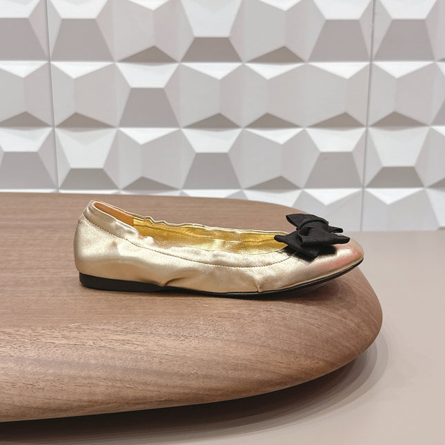 PRADA 26S ROUND TOE FLATS WITH BOW IN GOLD CALFSKIN