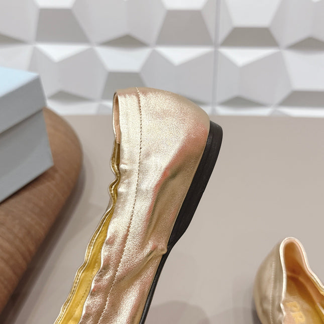 PRADA 26S ROUND TOE FLATS WITH BOW IN GOLD CALFSKIN