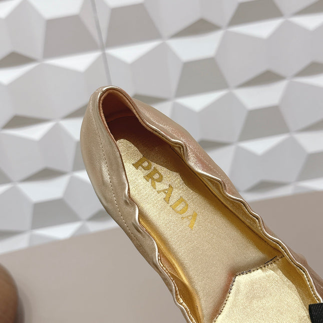 PRADA 26S ROUND TOE FLATS WITH BOW IN GOLD CALFSKIN