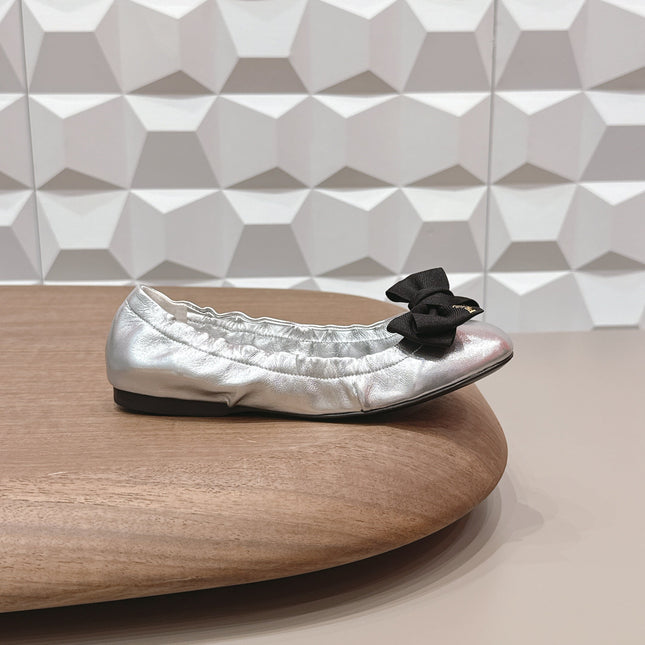 PRADA 26S ROUND TOE FLATS WITH BOW IN SILVER CALFSKIN