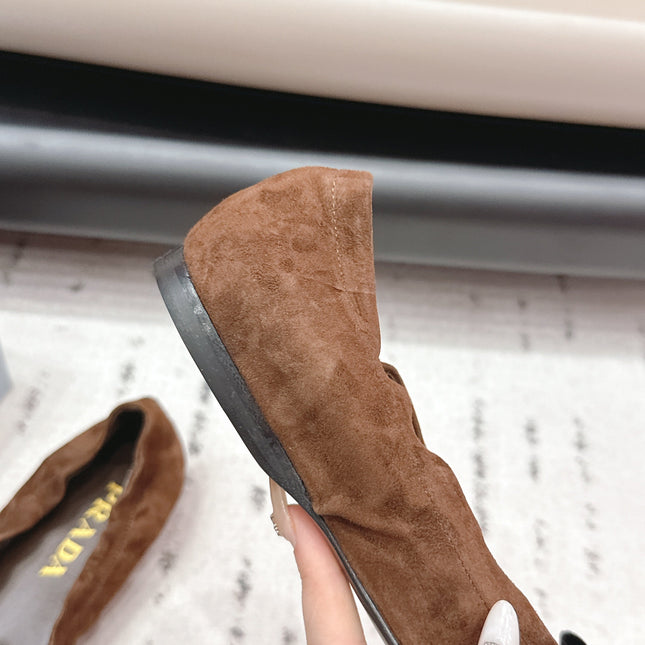 PRADA 26S ROUND TOE FLATS WITH BOW IN DARK BROWN SUEDE