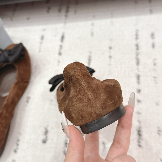 PRADA 26S ROUND TOE FLATS WITH BOW IN DARK BROWN SUEDE