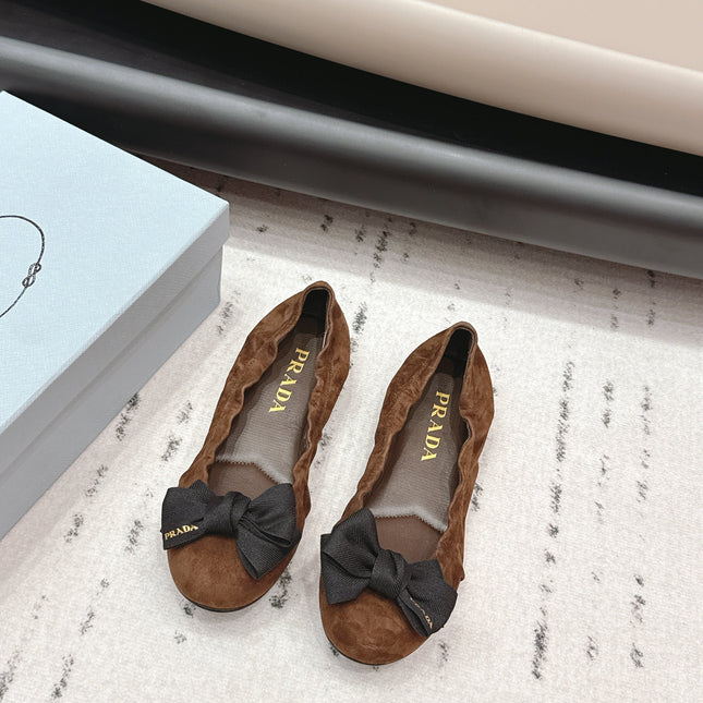 PRADA 26S ROUND TOE FLATS WITH BOW IN DARK BROWN SUEDE