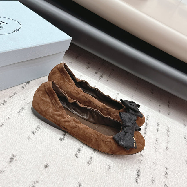 PRADA 26S ROUND TOE FLATS WITH BOW IN DARK BROWN SUEDE