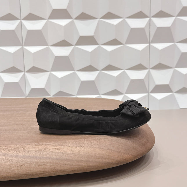 PRADA 26S ROUND TOE FLATS WITH BOW IN BLACK SUEDE