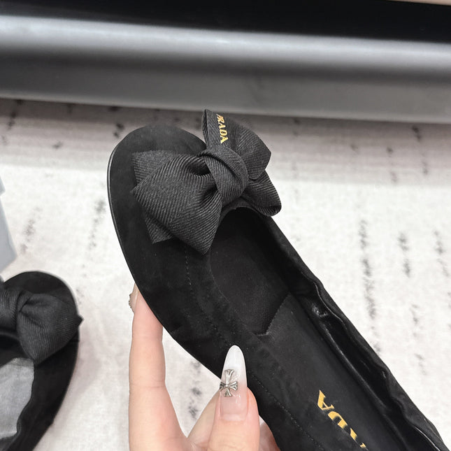 PRADA 26S ROUND TOE FLATS WITH BOW IN BLACK SUEDE