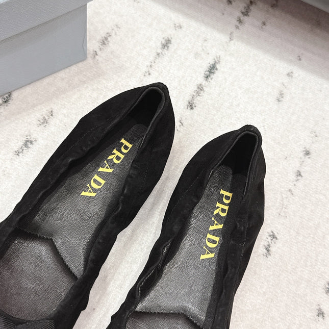 PRADA 26S ROUND TOE FLATS WITH BOW IN BLACK SUEDE