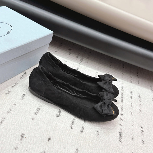 PRADA 26S ROUND TOE FLATS WITH BOW IN BLACK SUEDE