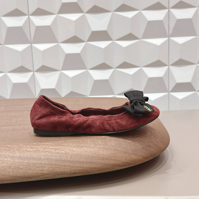 PRADA 26S ROUND TOE FLATS WITH BOW IN DARK RED SUEDE