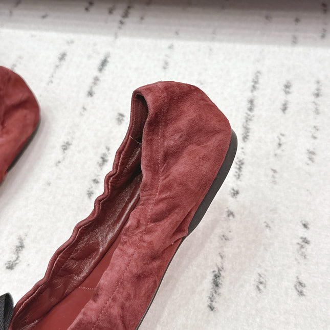 PRADA 26S ROUND TOE FLATS WITH BOW IN DARK RED SUEDE