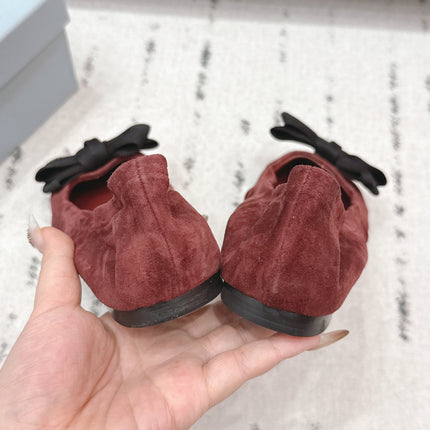PRADA 26S ROUND TOE FLATS WITH BOW IN DARK RED SUEDE