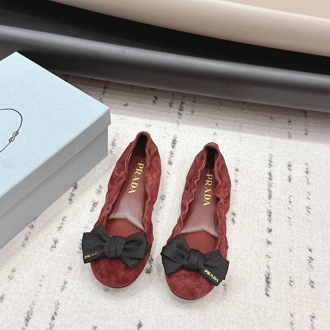 PRADA 26S ROUND TOE FLATS WITH BOW IN DARK RED SUEDE