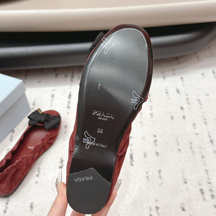PRADA 26S ROUND TOE FLATS WITH BOW IN DARK RED SUEDE
