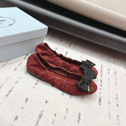 PRADA 26S ROUND TOE FLATS WITH BOW IN DARK RED SUEDE