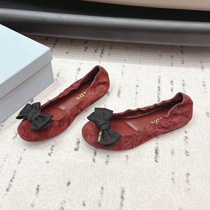 PRADA 26S ROUND TOE FLATS WITH BOW IN DARK RED SUEDE