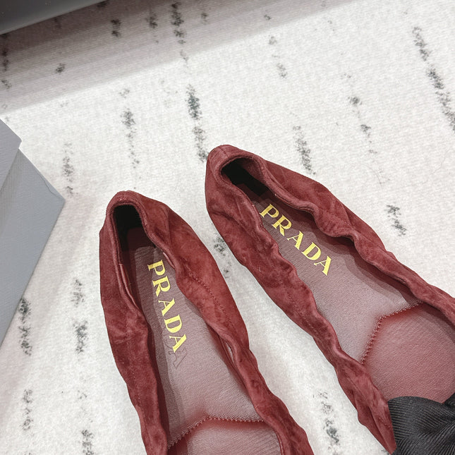 PRADA 26S ROUND TOE FLATS WITH BOW IN DARK RED SUEDE