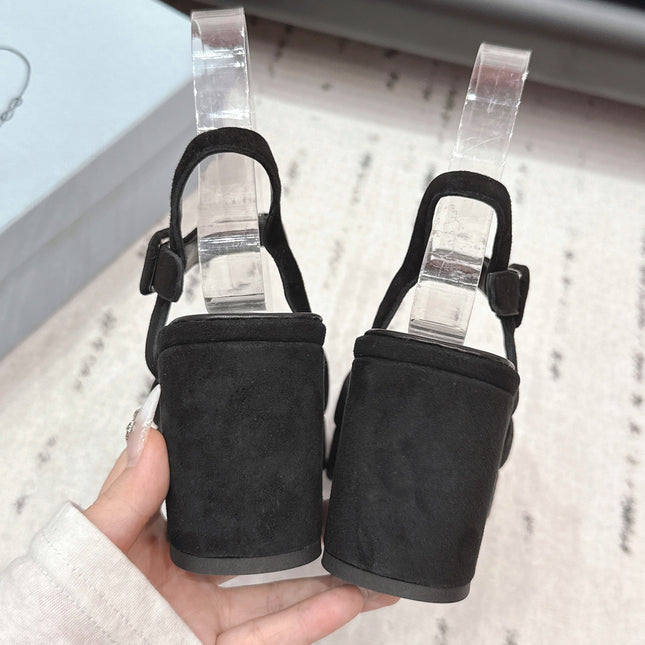 PRADA 26S HEELED SANDALS 75MM IN BLACK SUEDE WITH LOGO