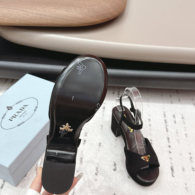 PRADA 26S HEELED SANDALS 75MM IN BLACK SUEDE WITH LOGO