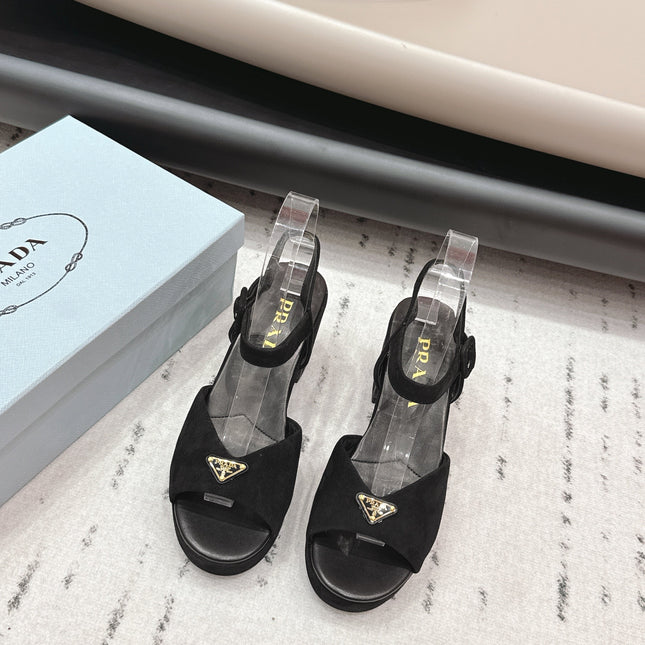 PRADA 26S HEELED SANDALS 75MM IN BLACK SUEDE WITH LOGO